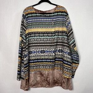 Jimmy Yoo Tunic Top Womens 2X Multi Aztec Striped Satin Tie Dye Hem Lagenlook